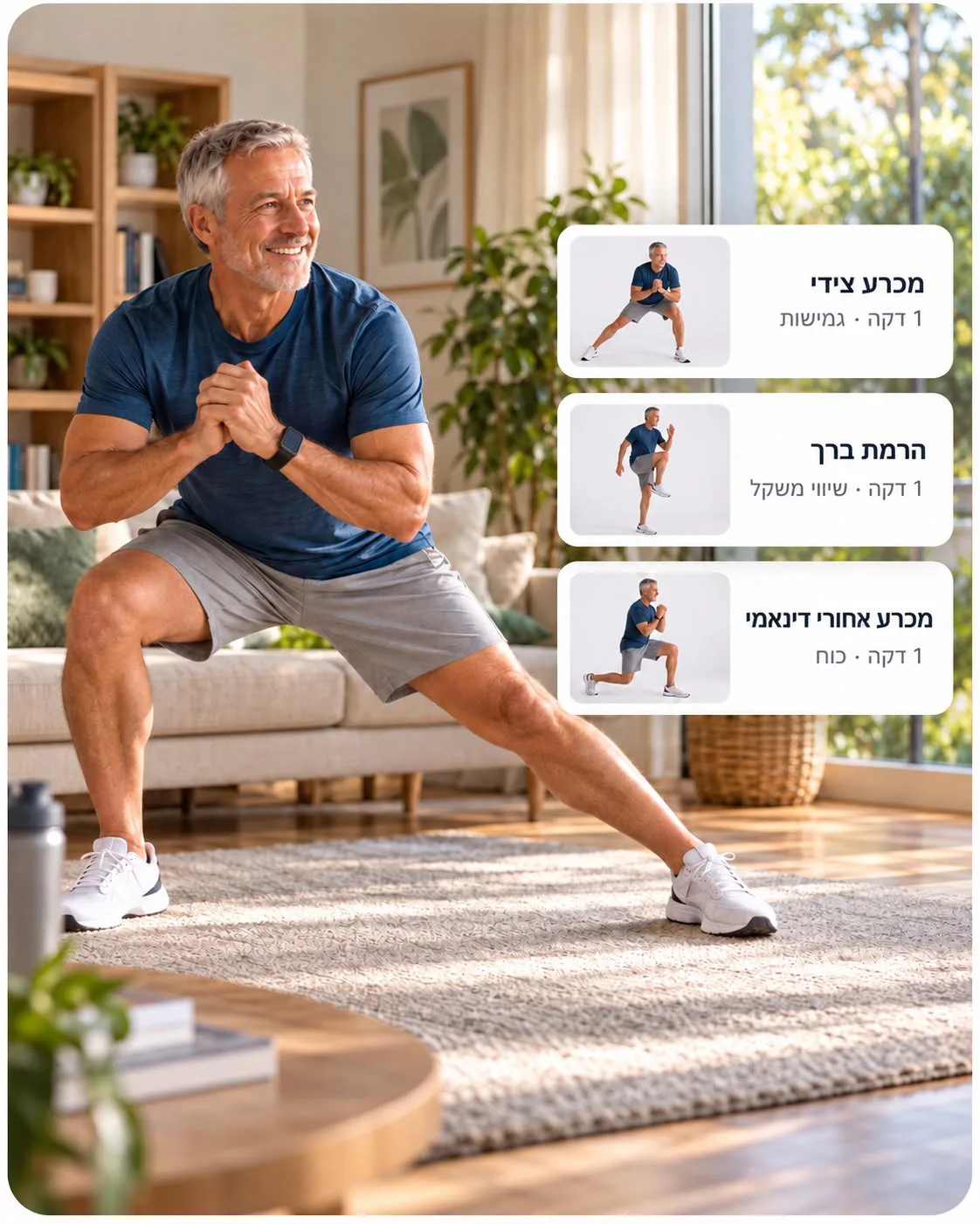 מבוגר בתרגיל מכרע צידי בסלון, לצד רשימת התרגילים שלו