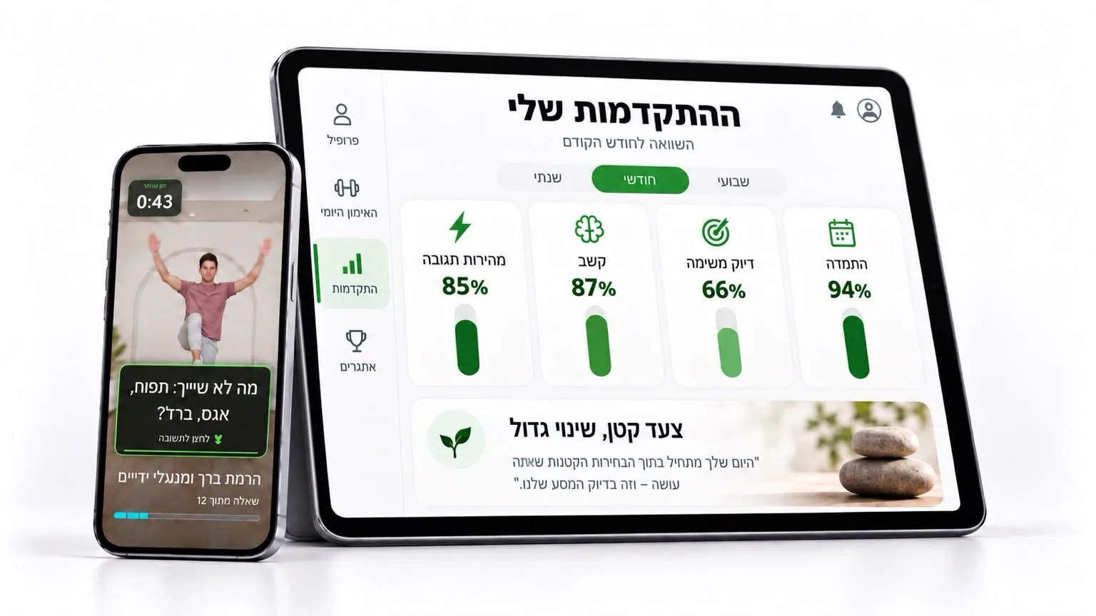 טלפון וטאבלט עם מסכי האימון וההתקדמות של פעילים+